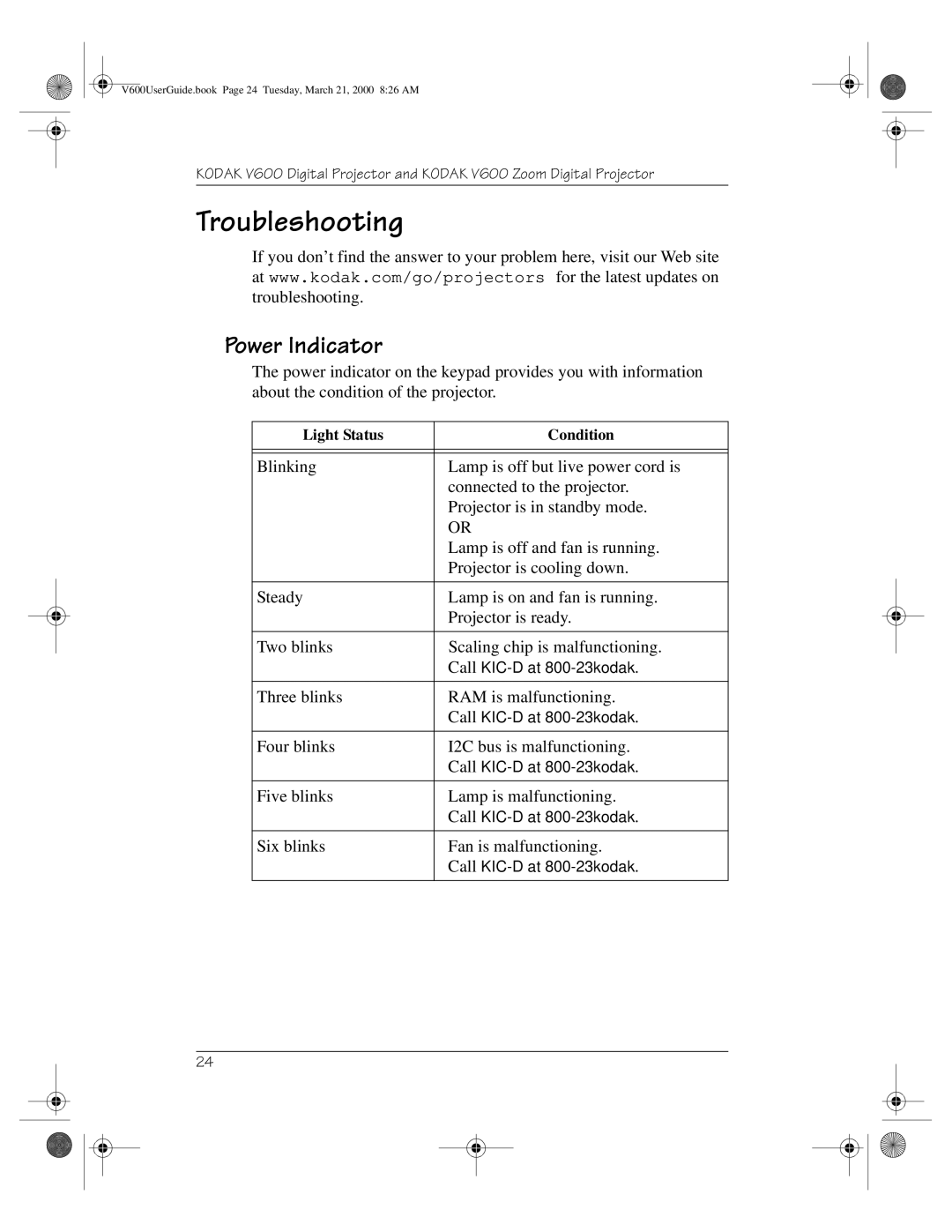 Kodak V600 Zoom manual Troubleshooting, Power Indicator 