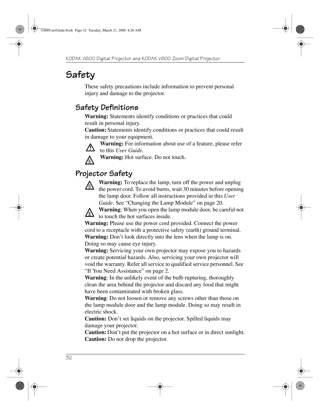 Kodak V600 Zoom manual Safety Definitions Projector Safety 