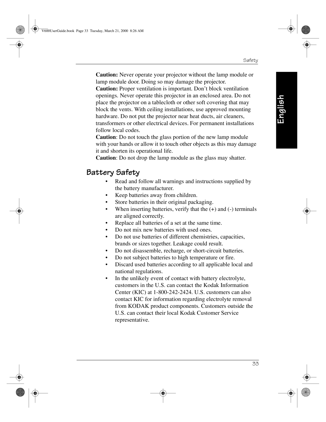 Kodak V600 Zoom manual Battery Safety 