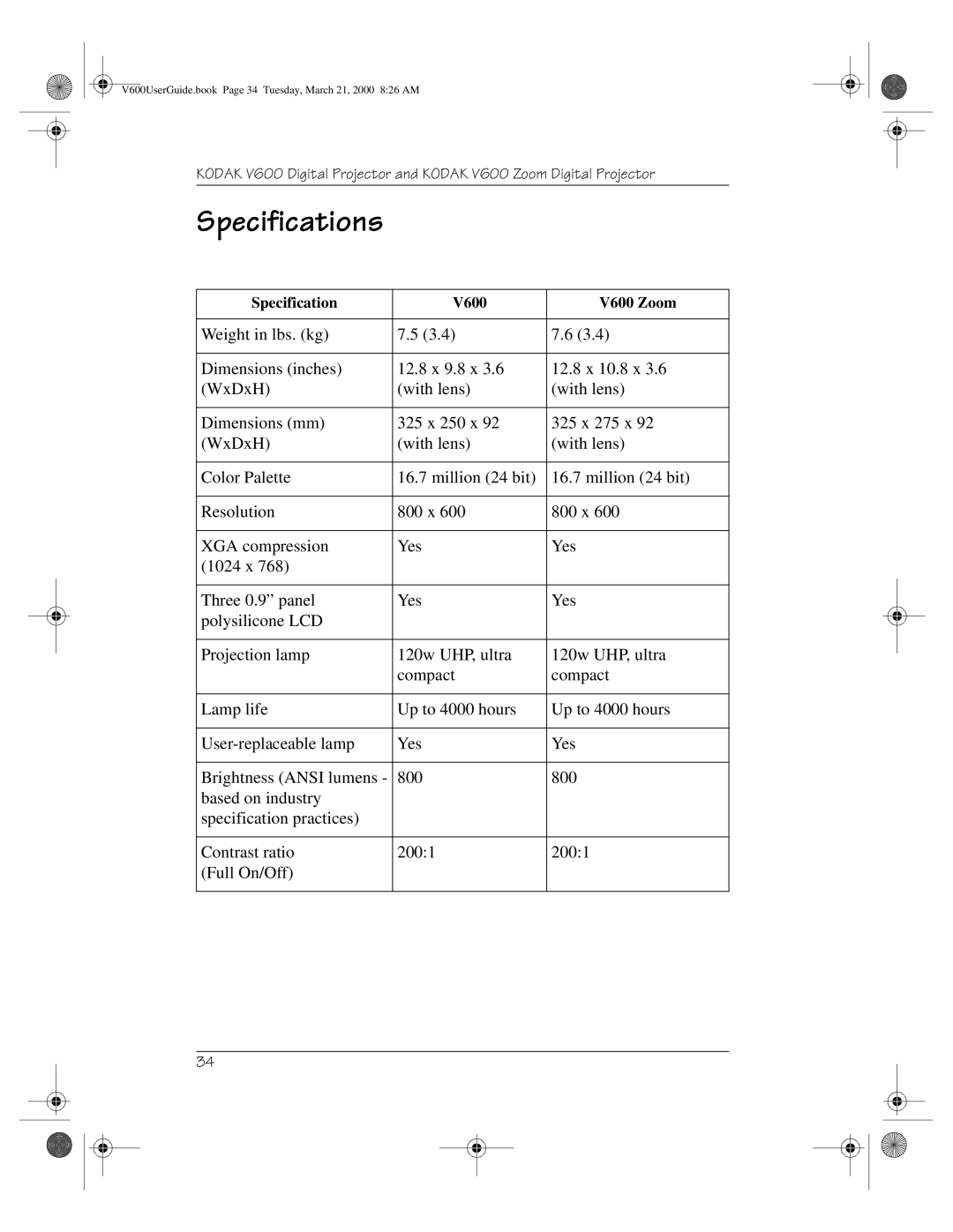 Kodak V600 Zoom manual Specifications 