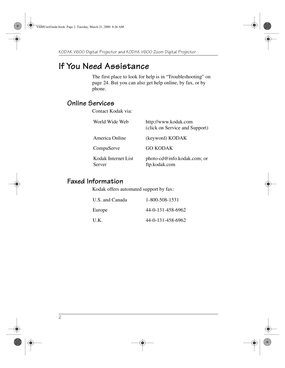 Kodak V600 Zoom manual If You Need Assistance, Online Services, Faxed Information 