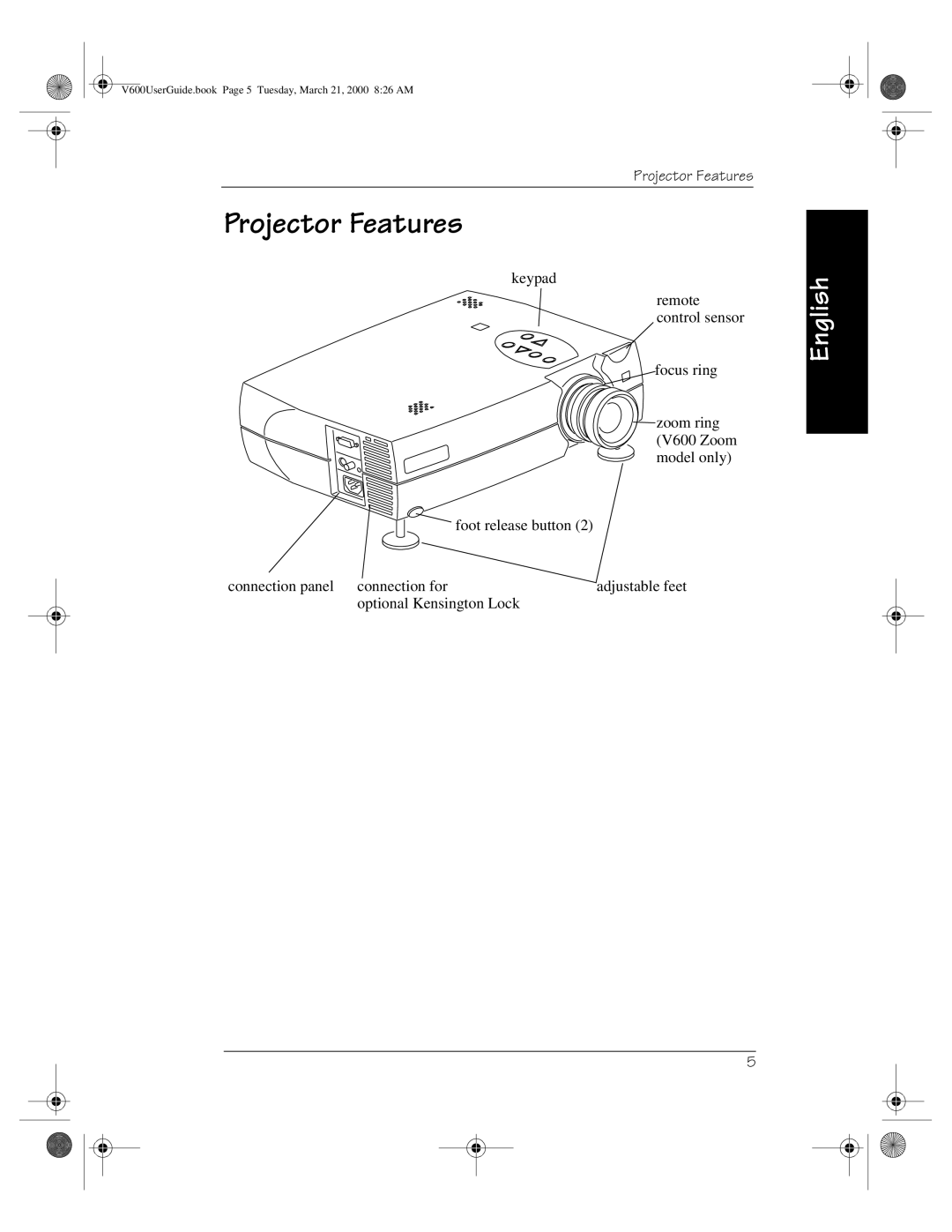 Kodak V600 Zoom manual Projector Features 