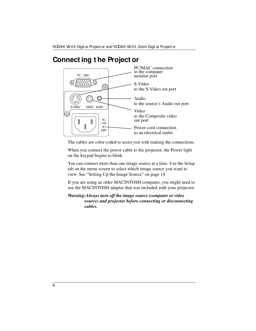 Kodak V600 manual Connecting the Projector 