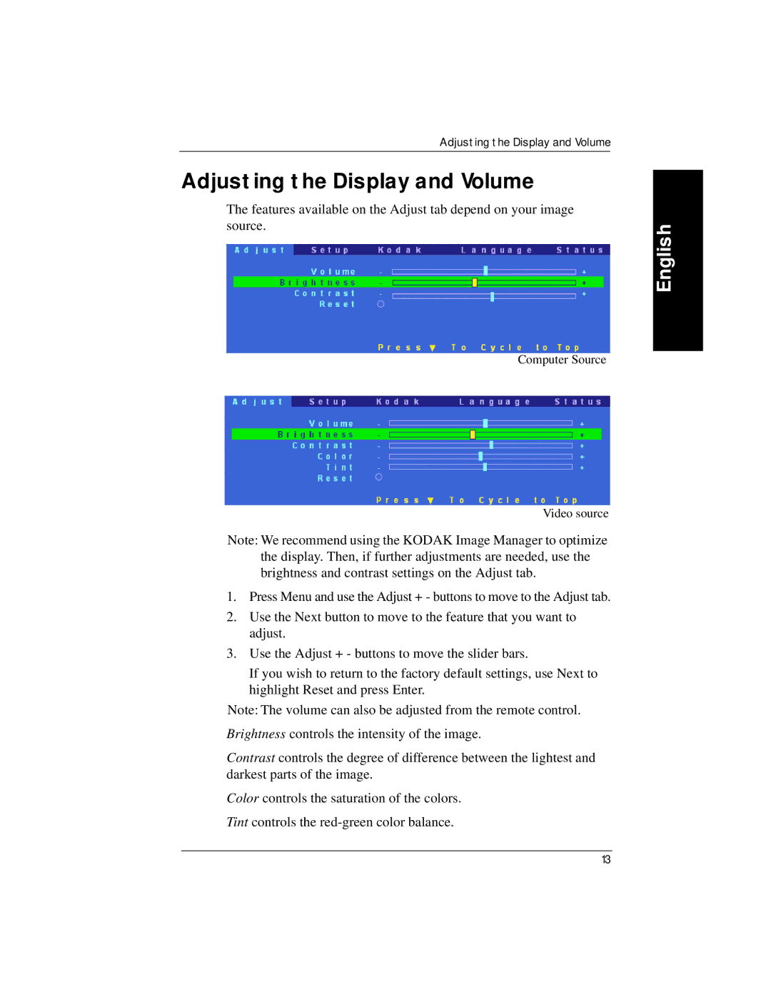 Kodak V600 manual Adjusting the Display and Volume 