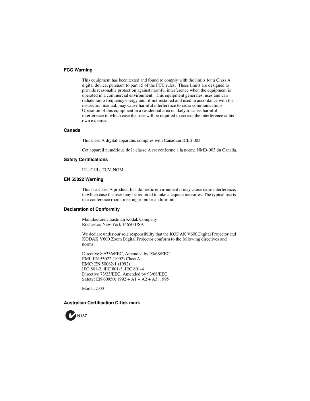 Kodak V600 manual Safety Certifications 