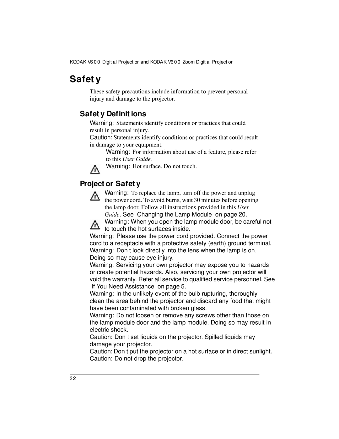 Kodak V600 manual Safety Definitions, Projector Safety 