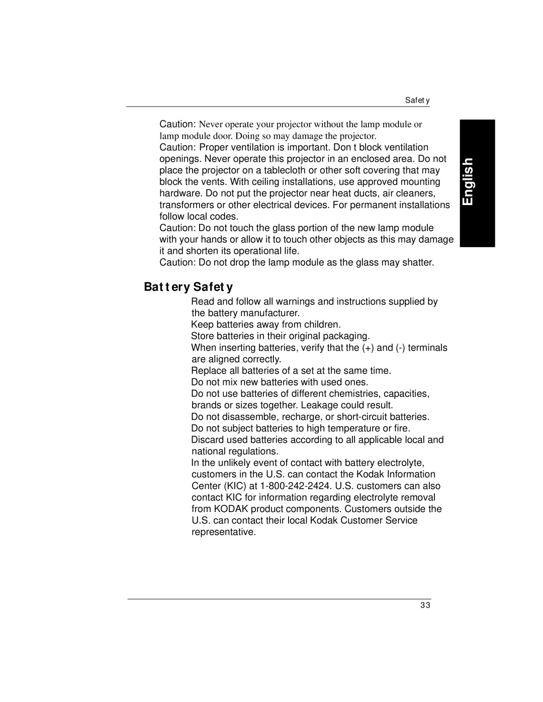 Kodak V600 manual Battery Safety 