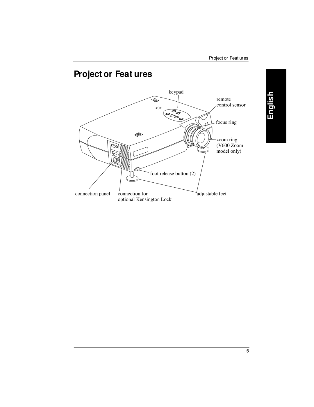 Kodak V600 manual Projector Features 