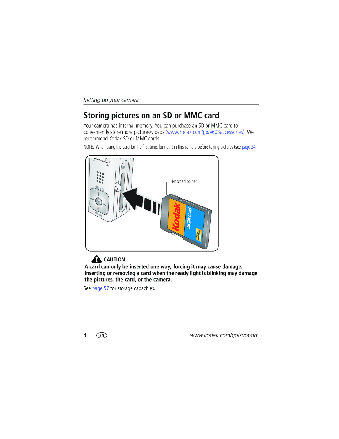 Kodak V603 manual Storing pictures on an SD or MMC card, See page 57 for storage capacities 