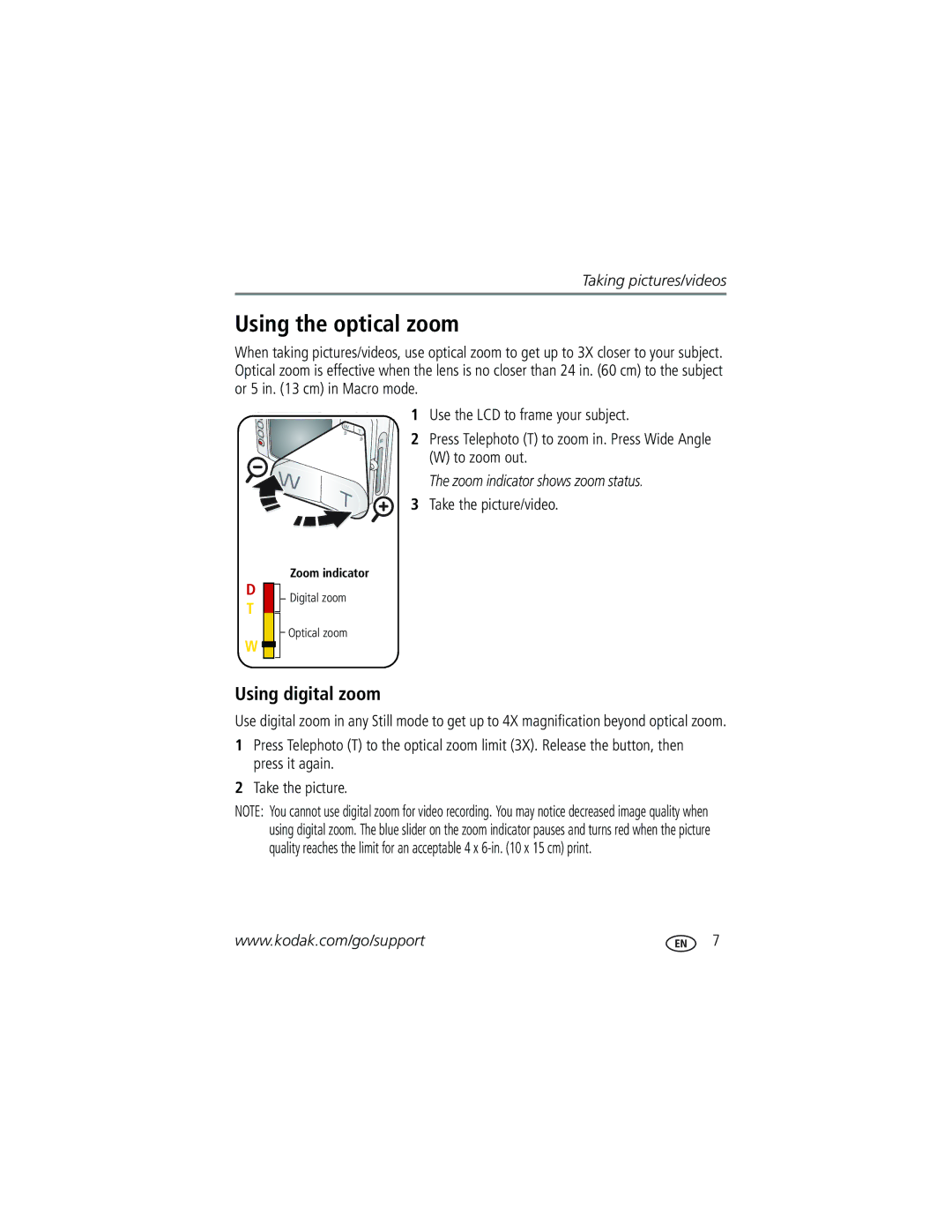 Kodak V603 manual Using the optical zoom, Using digital zoom, Use the LCD to frame your subject, To zoom out 