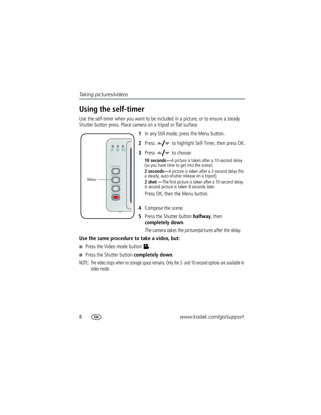 Kodak V603 manual Using the self-timer, Any Still mode, press the Menu button, Press to choose 