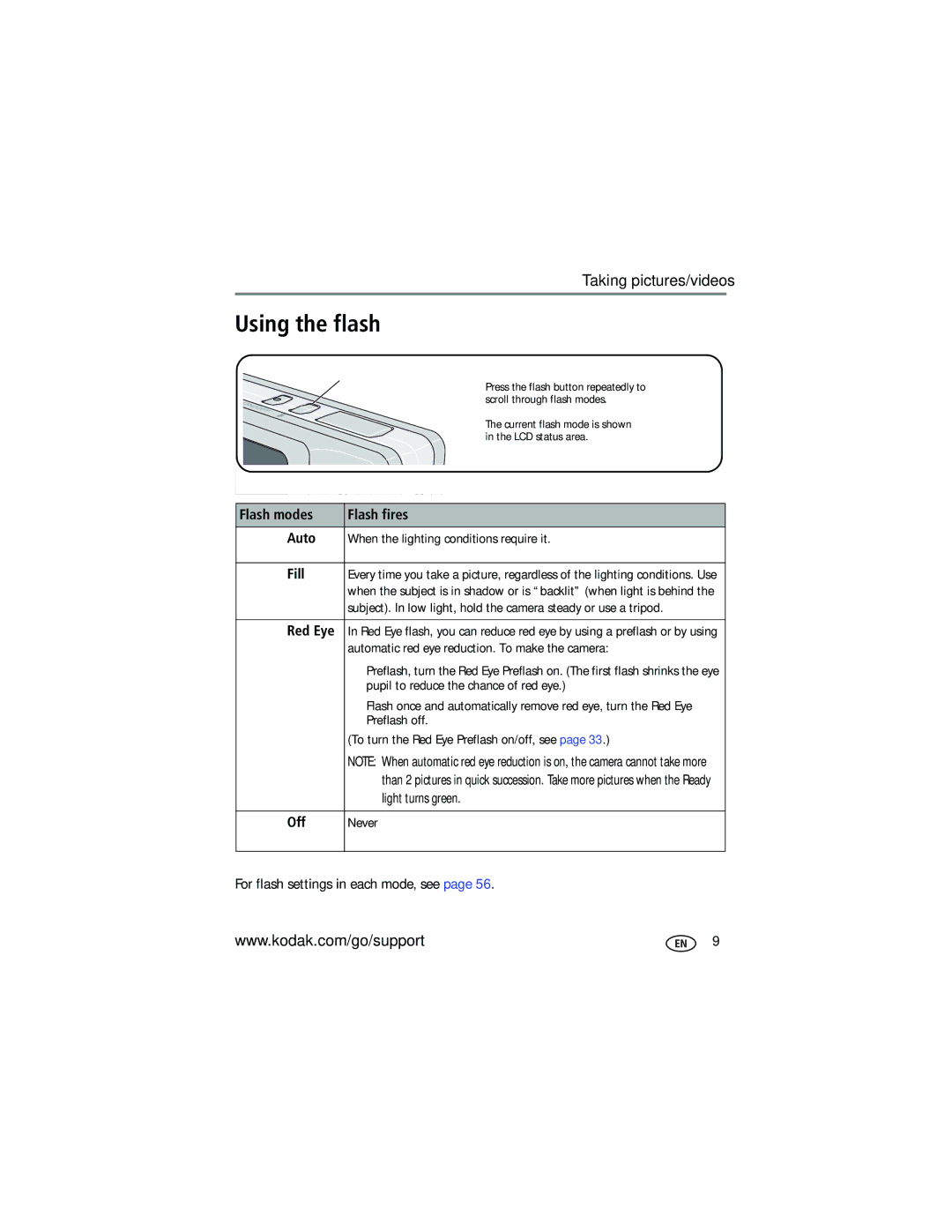 Kodak V603 manual Using the flash, Light turns green, For flash settings in each mode, see 