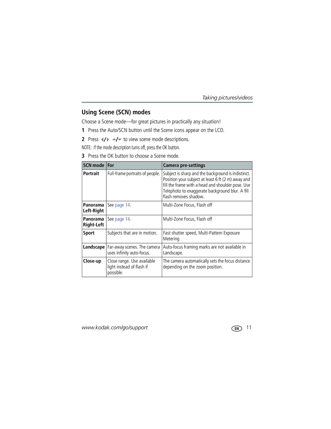 Kodak V603 manual Using Scene SCN modes, Press the OK button to choose a Scene mode 