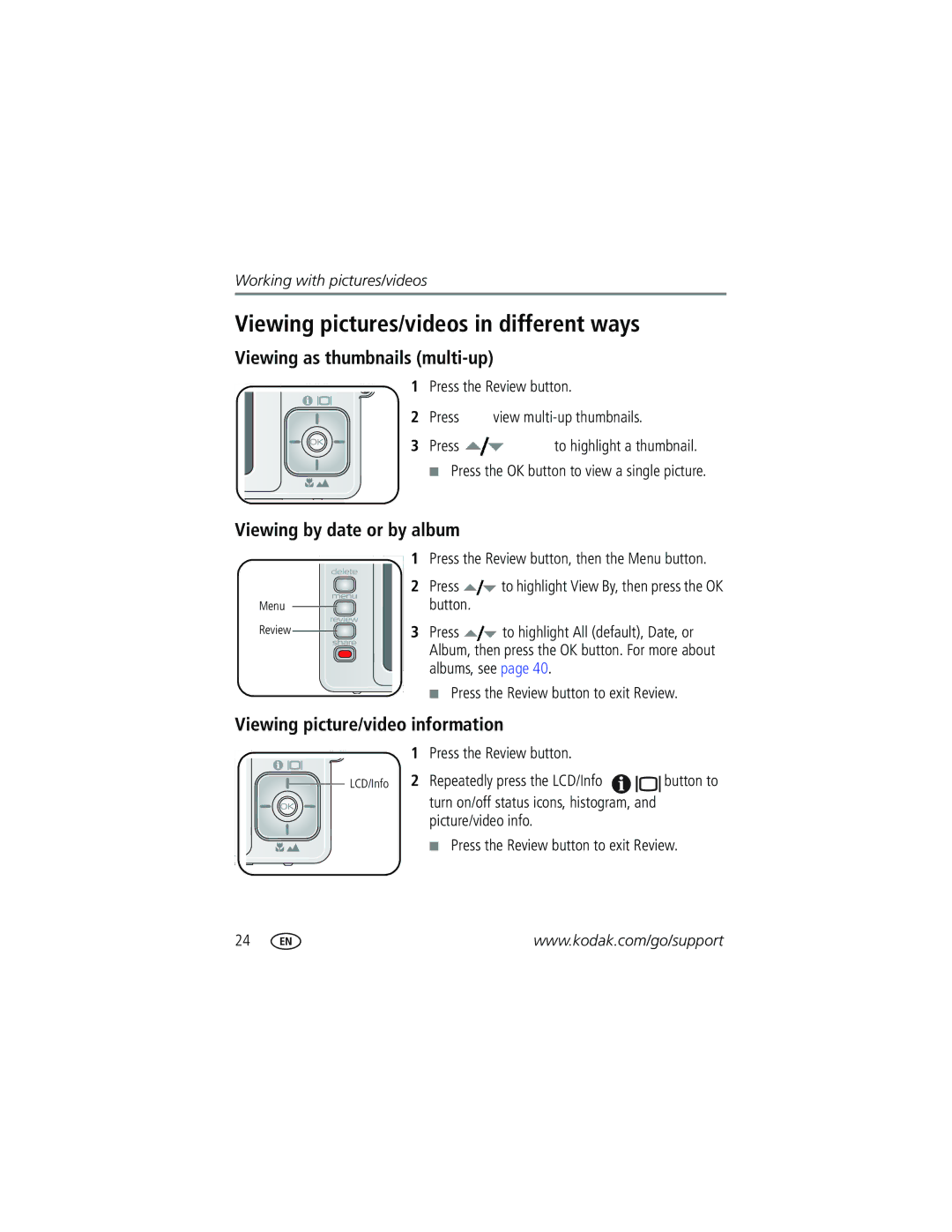 Kodak V603 manual Viewing pictures/videos in different ways, Viewing as thumbnails multi-up, Viewing by date or by album 