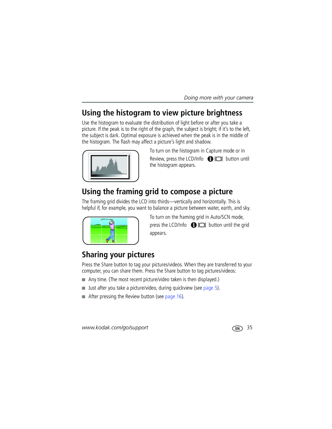 Kodak V603 manual Using the histogram to view picture brightness, Using the framing grid to compose a picture 