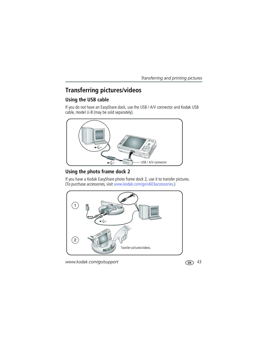 Kodak V603 manual Transferring pictures/videos, Using the USB cable, Using the photo frame dock 