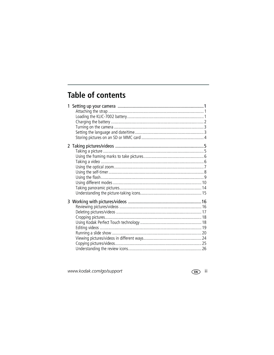 Kodak V603 manual Table of contents 