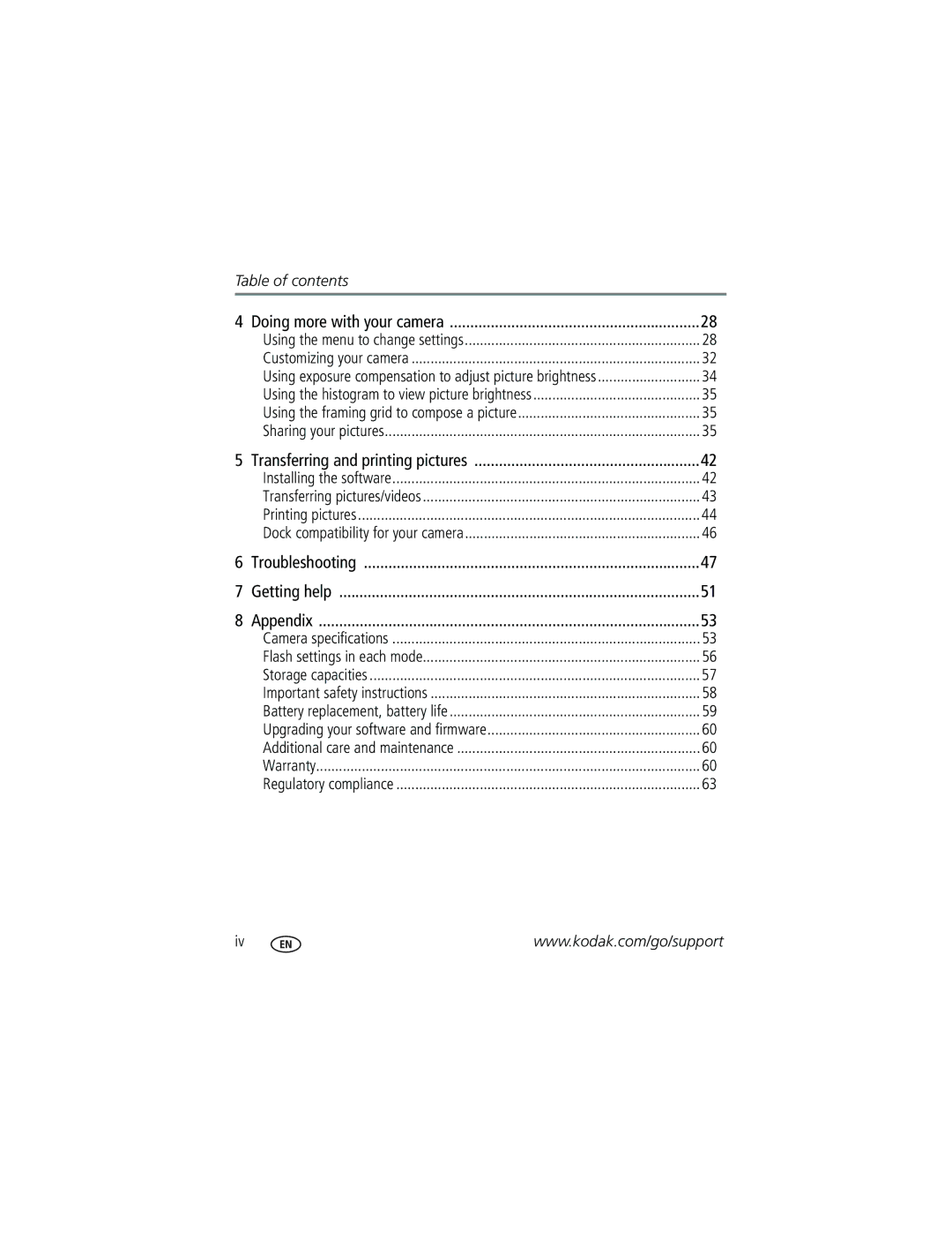 Kodak V603 manual Table of contents 