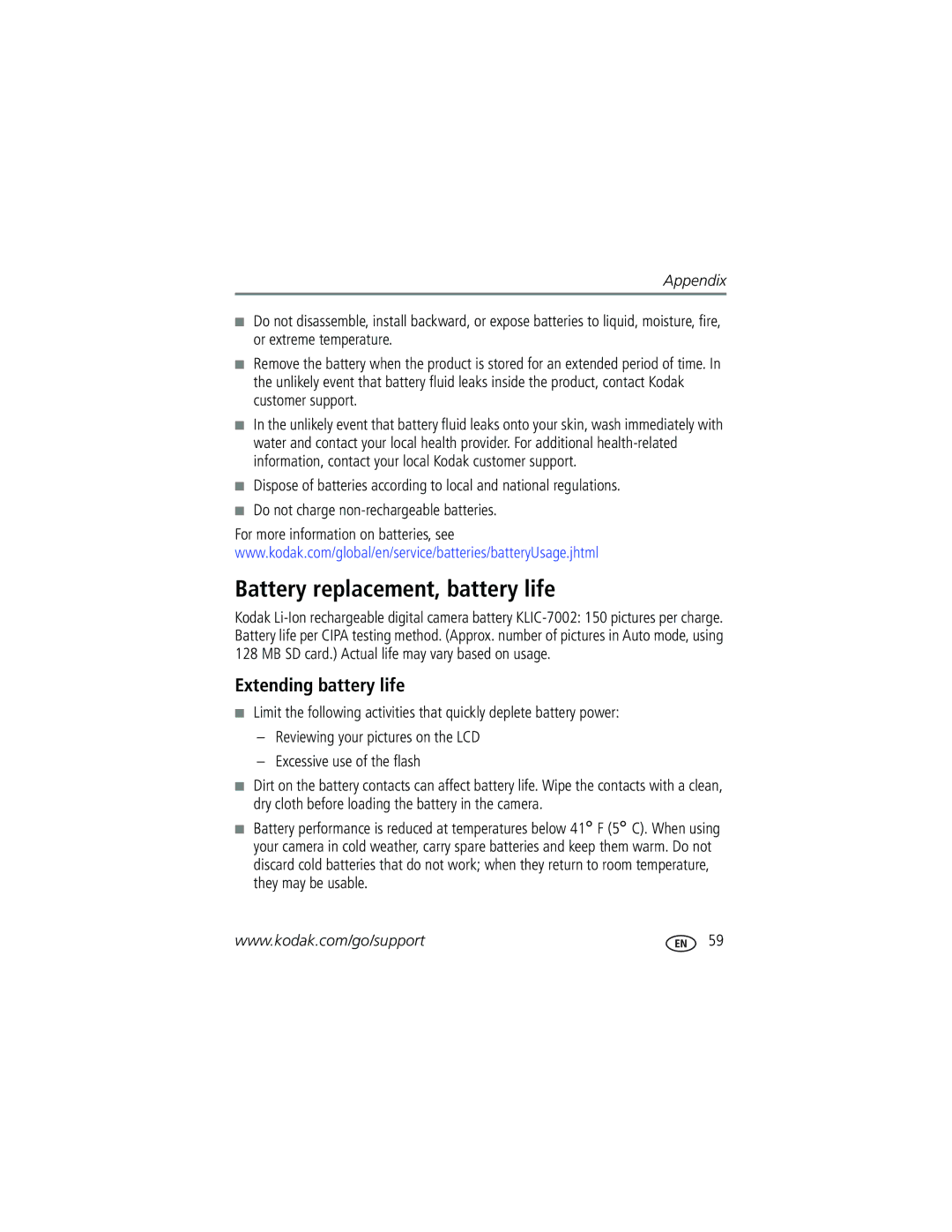 Kodak V603 manual Battery replacement, battery life, Extending battery life 