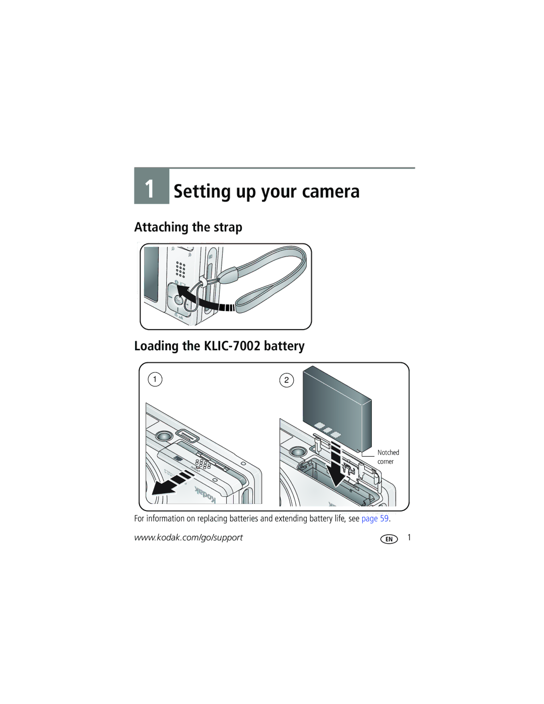 Kodak V603 manual Setting up your camera, Attaching the strap Loading the KLIC-7002 battery 