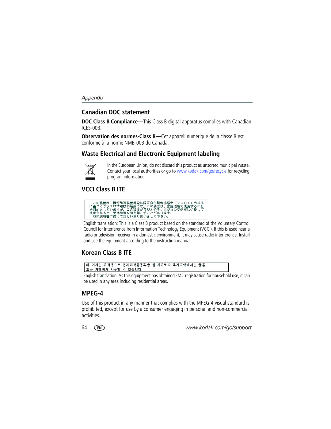 Kodak V603 manual Canadian DOC statement, MPEG-4 