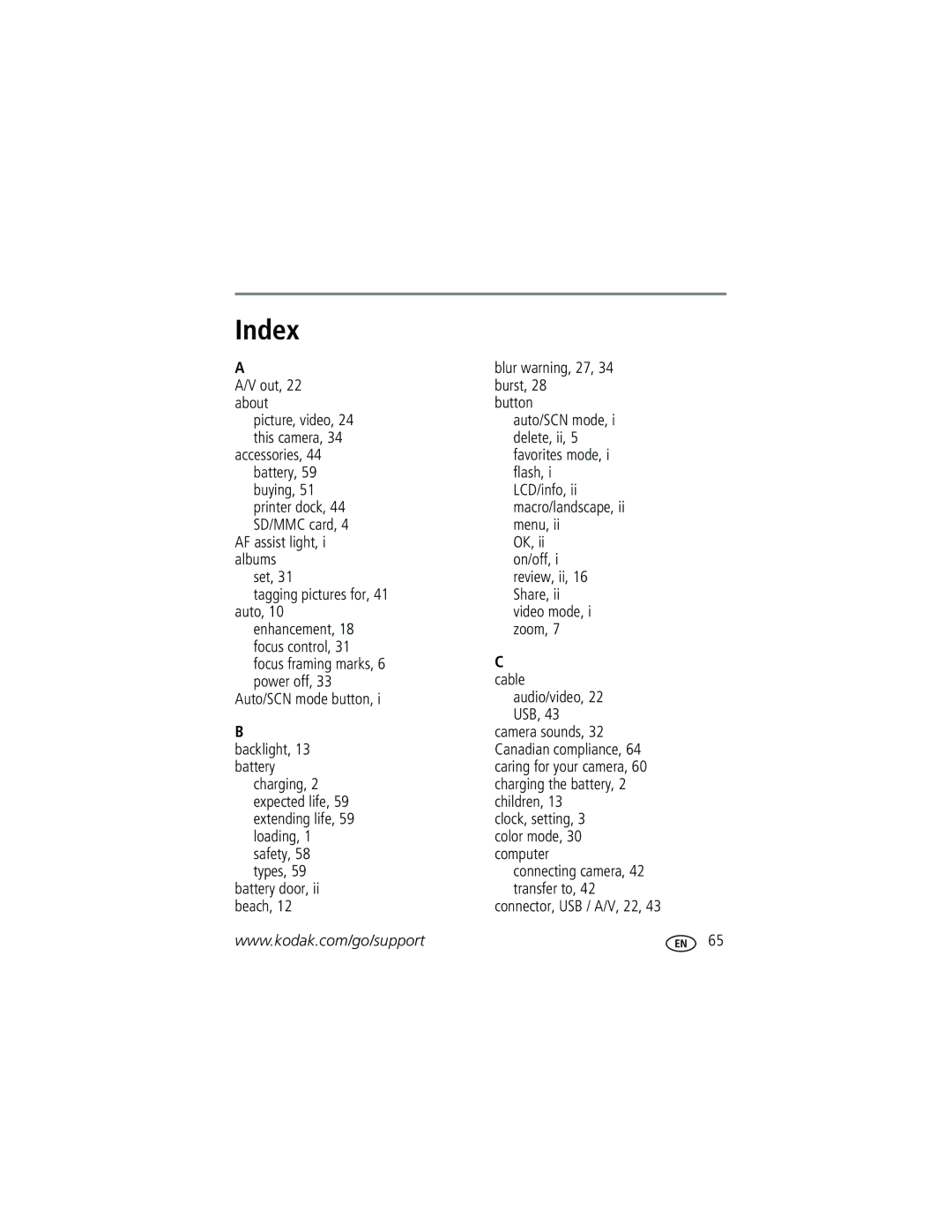 Kodak V603 manual Index, Blur warning, 27 