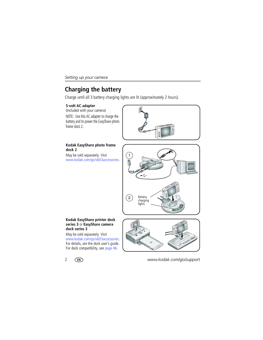 Kodak V603 manual Charging the battery, Volt AC adapter 