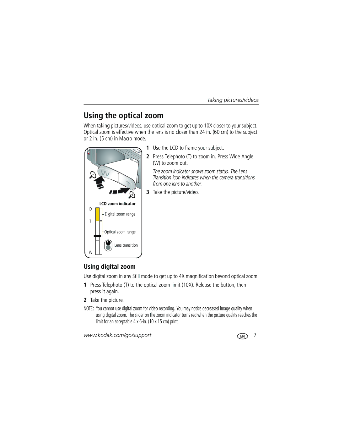 Kodak V610 manual Using the optical zoom, Using digital zoom, Use the LCD to frame your subject, To zoom out 