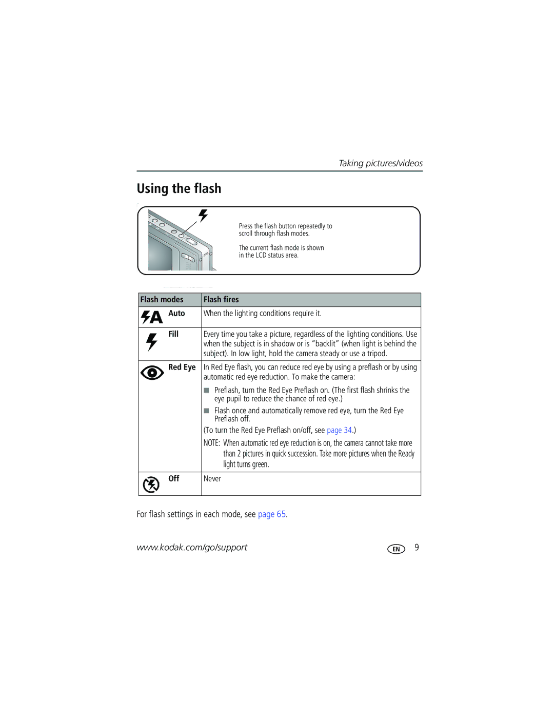 Kodak V610 manual Using the flash, Light turns green, For flash settings in each mode, see 