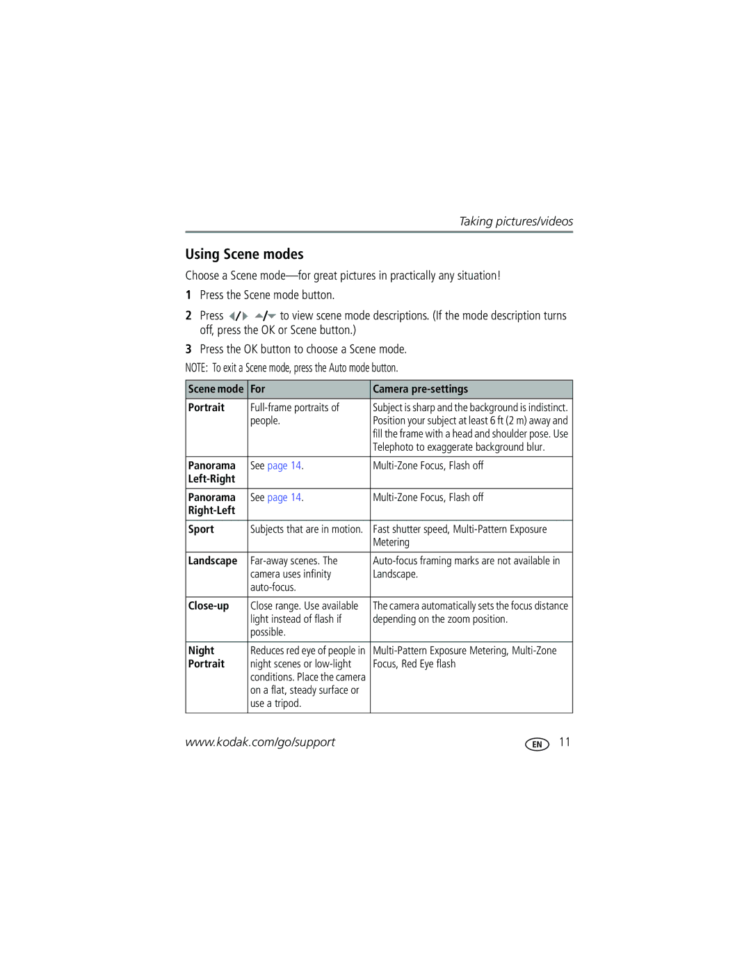 Kodak V610 manual Using Scene modes 