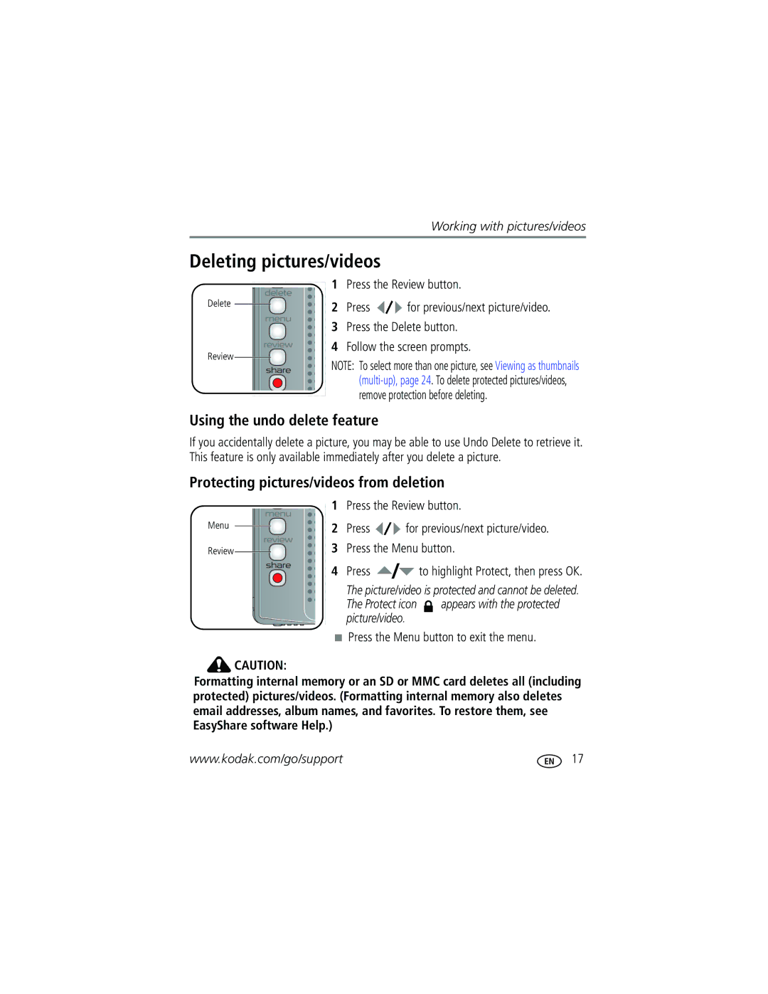 Kodak V610 manual Deleting pictures/videos, Using the undo delete feature, Protecting pictures/videos from deletion 