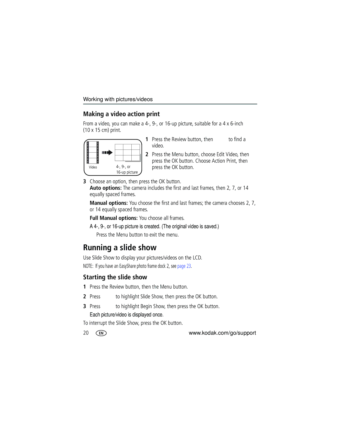 Kodak V610 manual Running a slide show, Making a video action print, Starting the slide show 