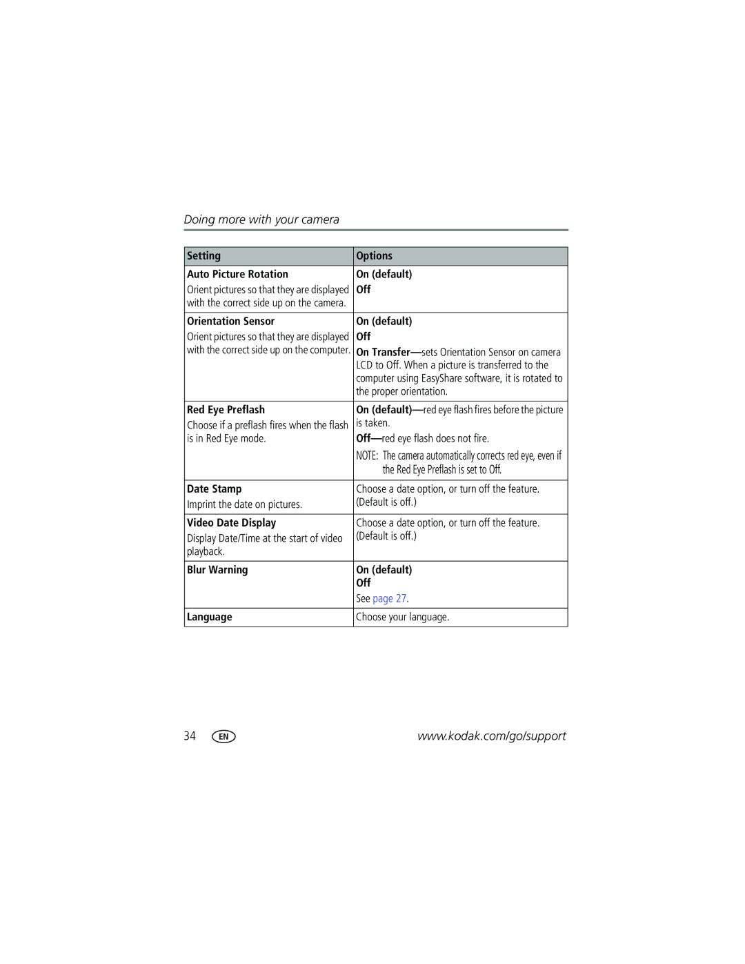 Kodak V610 Setting Options Auto Picture Rotation On default, Orientation Sensor On default, Proper orientation, Is taken 