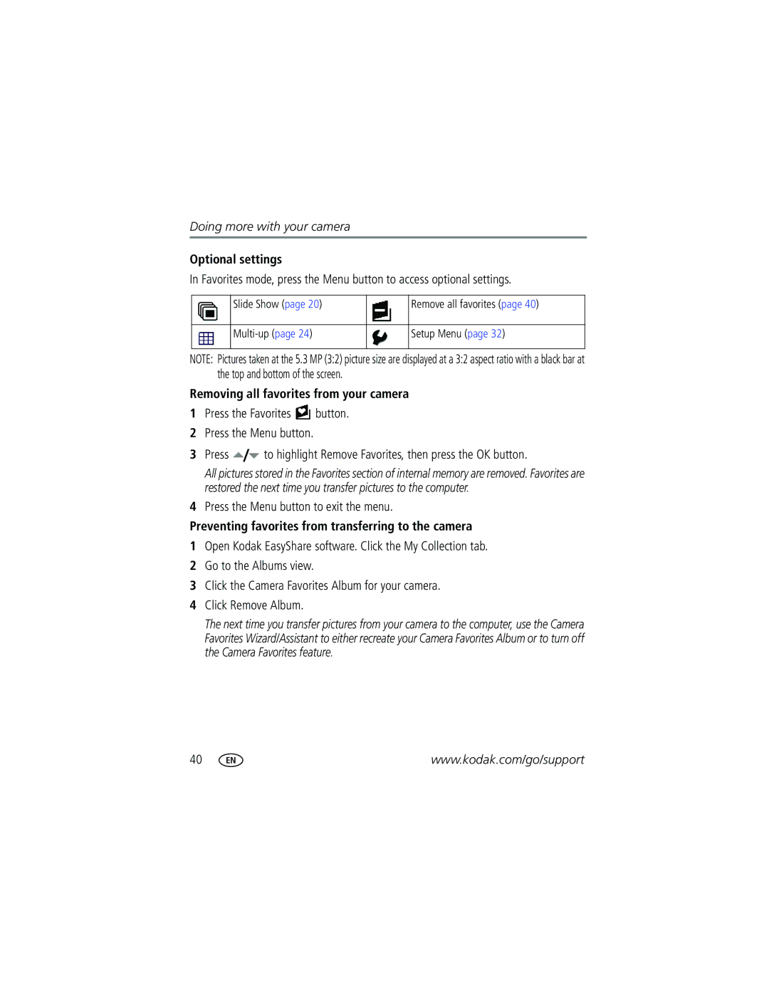 Kodak V610 manual Optional settings, Removing all favorites from your camera 