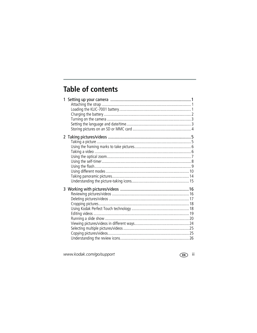 Kodak V610 manual Table of contents 