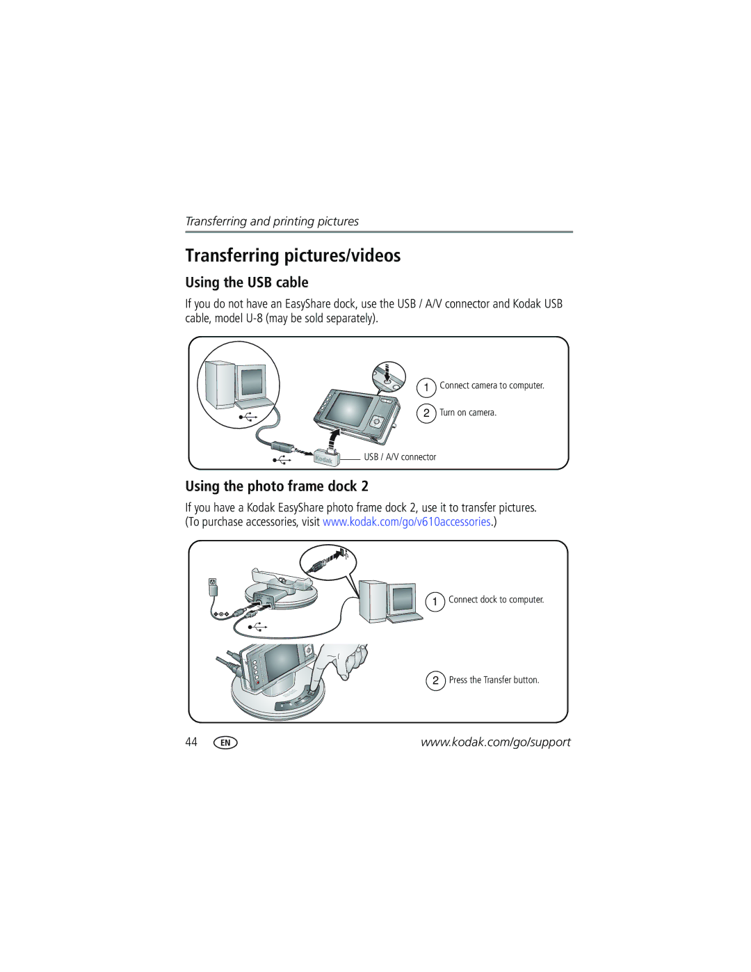 Kodak V610 manual Transferring pictures/videos, Using the USB cable, Using the photo frame dock 
