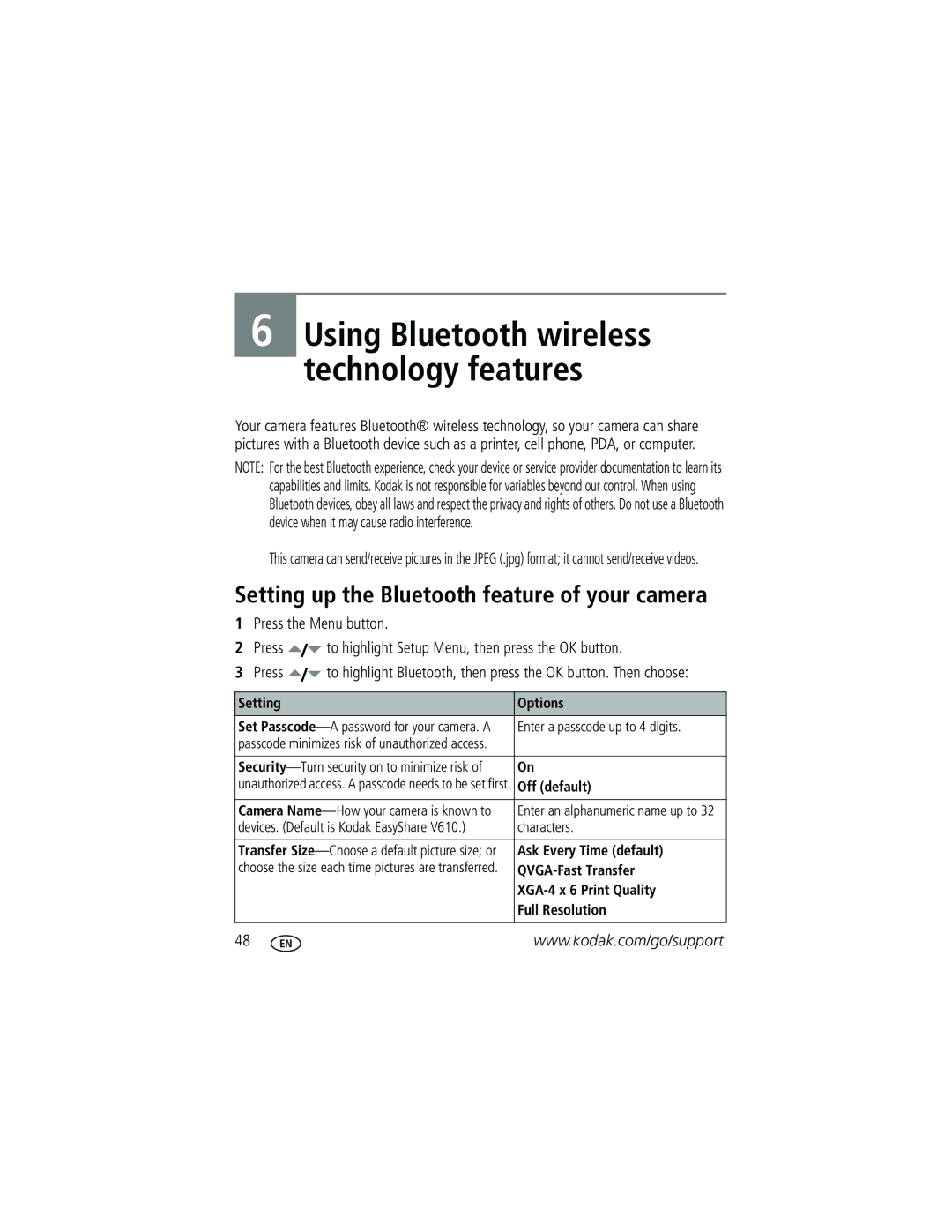 Kodak V610 manual Setting up the Bluetooth feature of your camera 