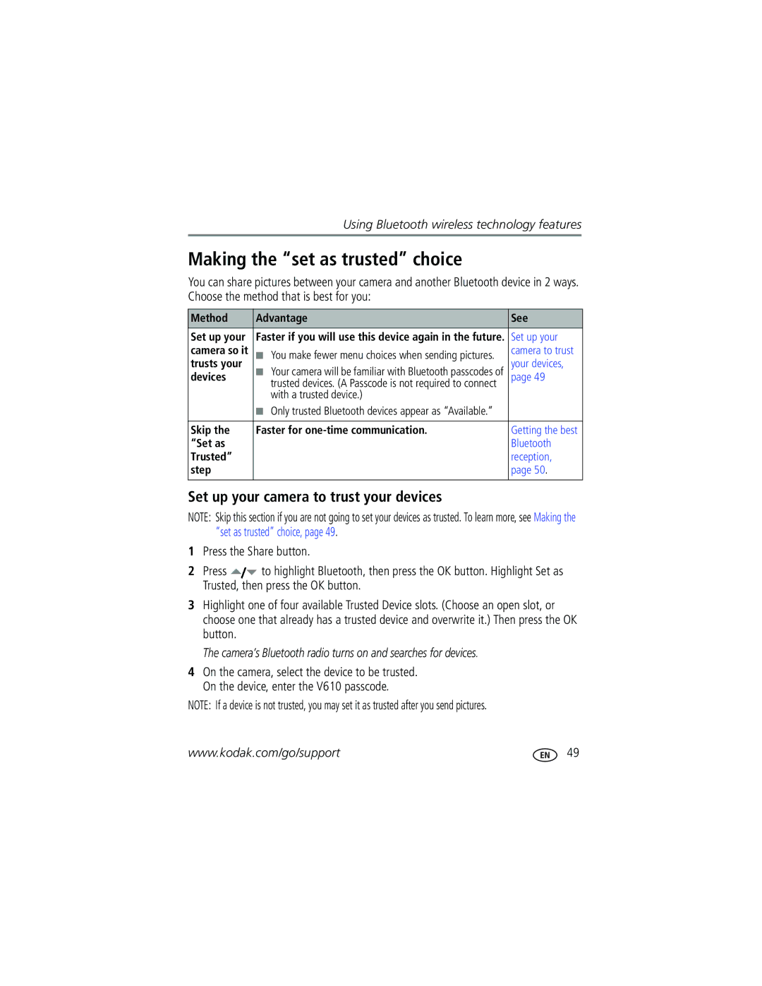 Kodak V610 manual Making the set as trusted choice, Set up your camera to trust your devices 