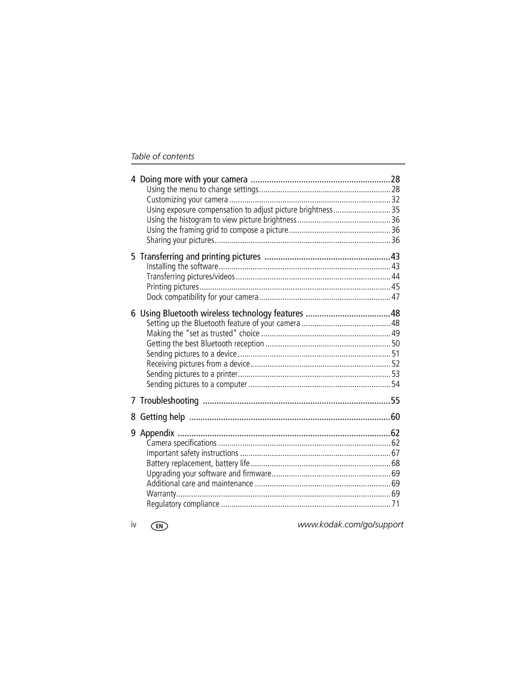 Kodak V610 manual Table of contents 