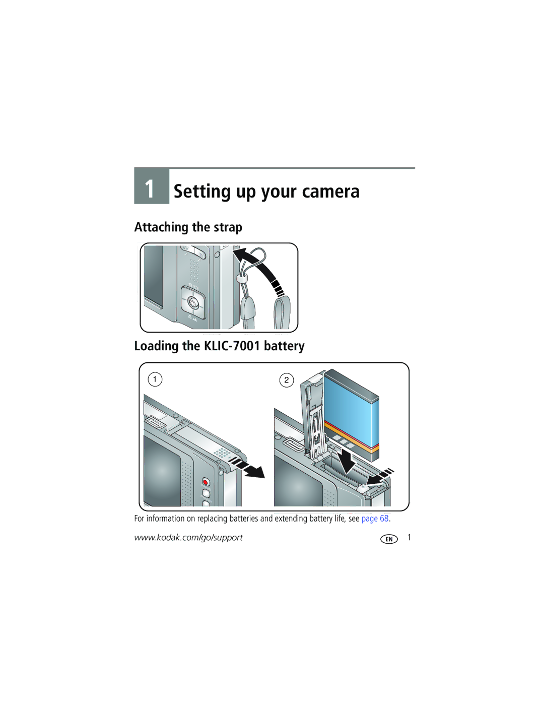 Kodak V610 manual Setting up your camera, Attaching the strap Loading the KLIC-7001 battery 