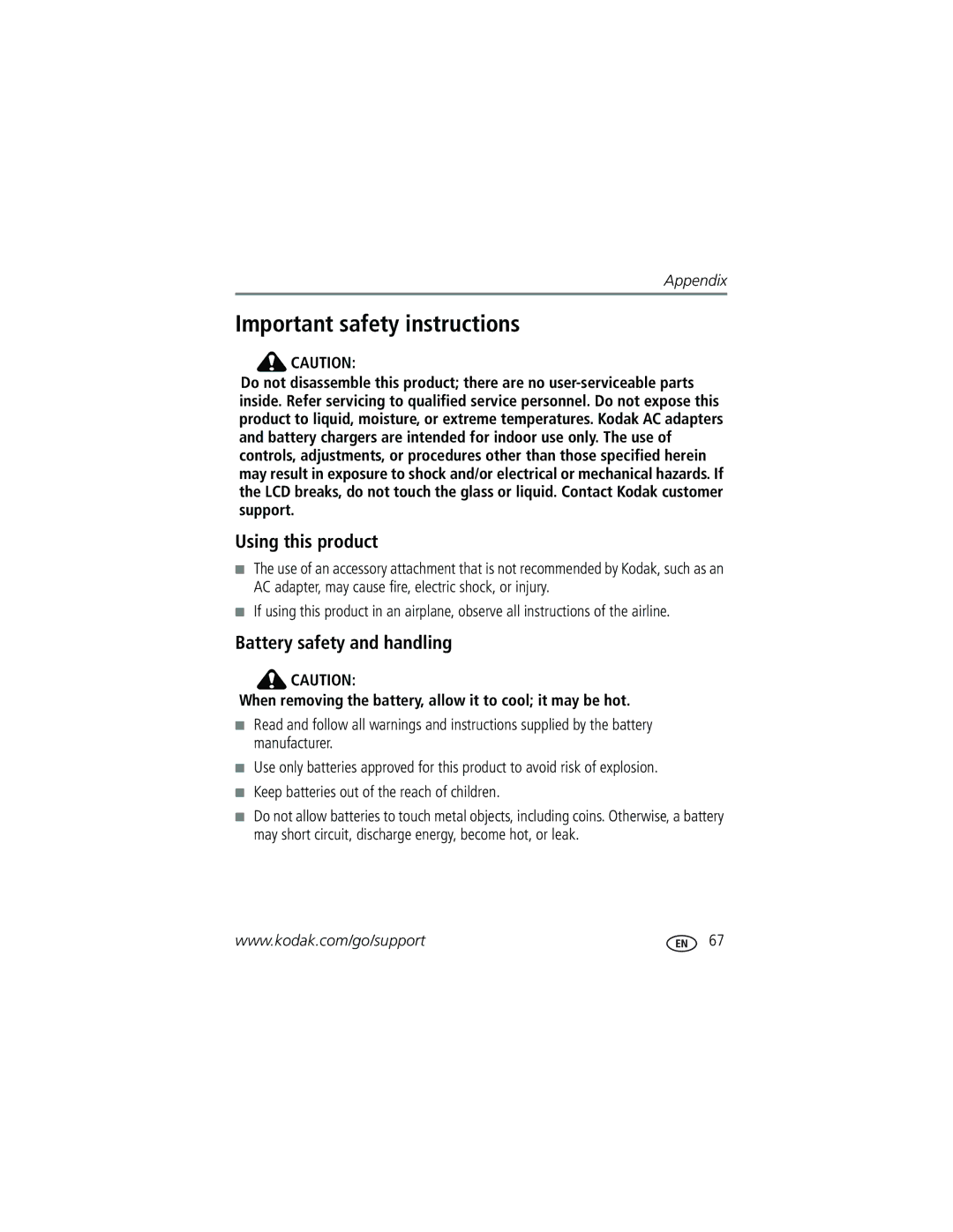 Kodak V610 manual Important safety instructions, Using this product, Battery safety and handling 