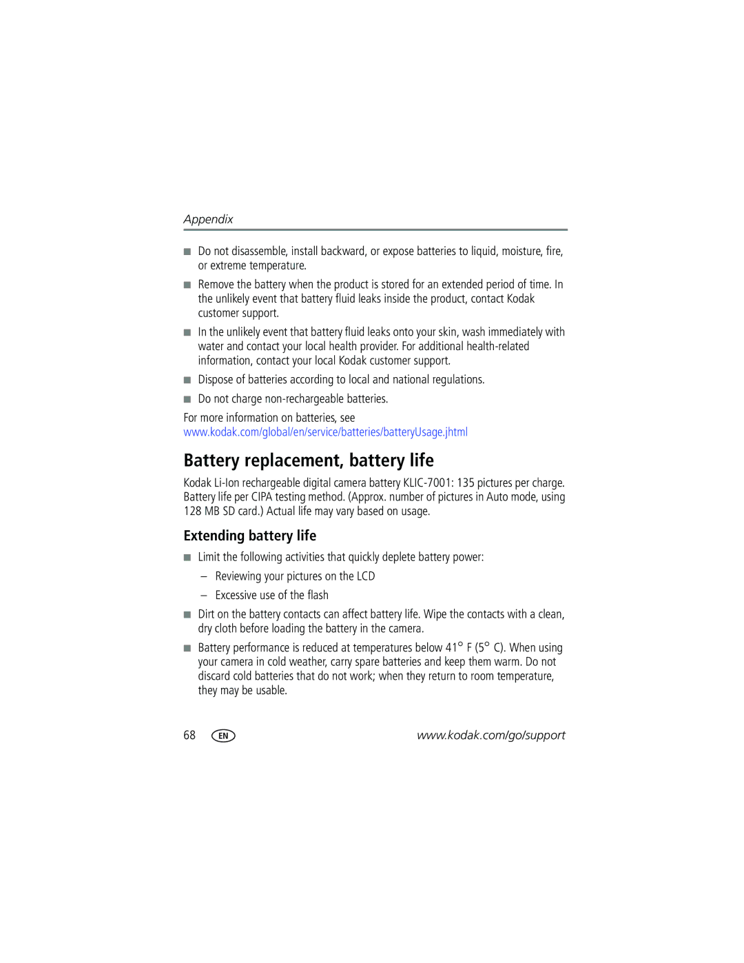 Kodak V610 manual Battery replacement, battery life, Extending battery life 