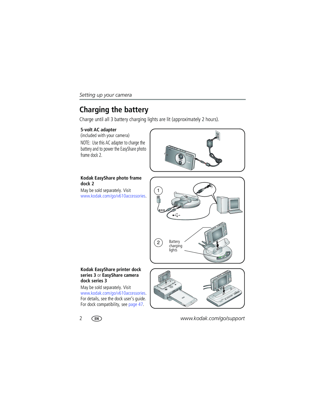 Kodak V610 manual Charging the battery, Volt AC adapter 