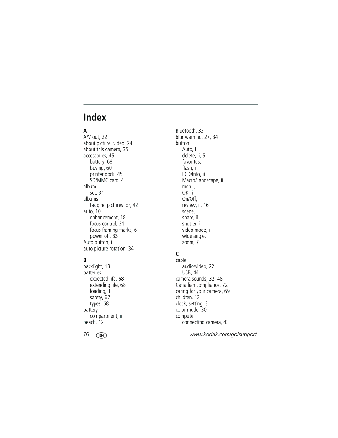 Kodak V610 manual Index, Bluetooth 