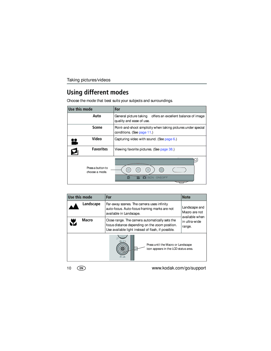 Kodak V705 manual Using different modes, Favorites, Use this mode For Landscape, Macro 