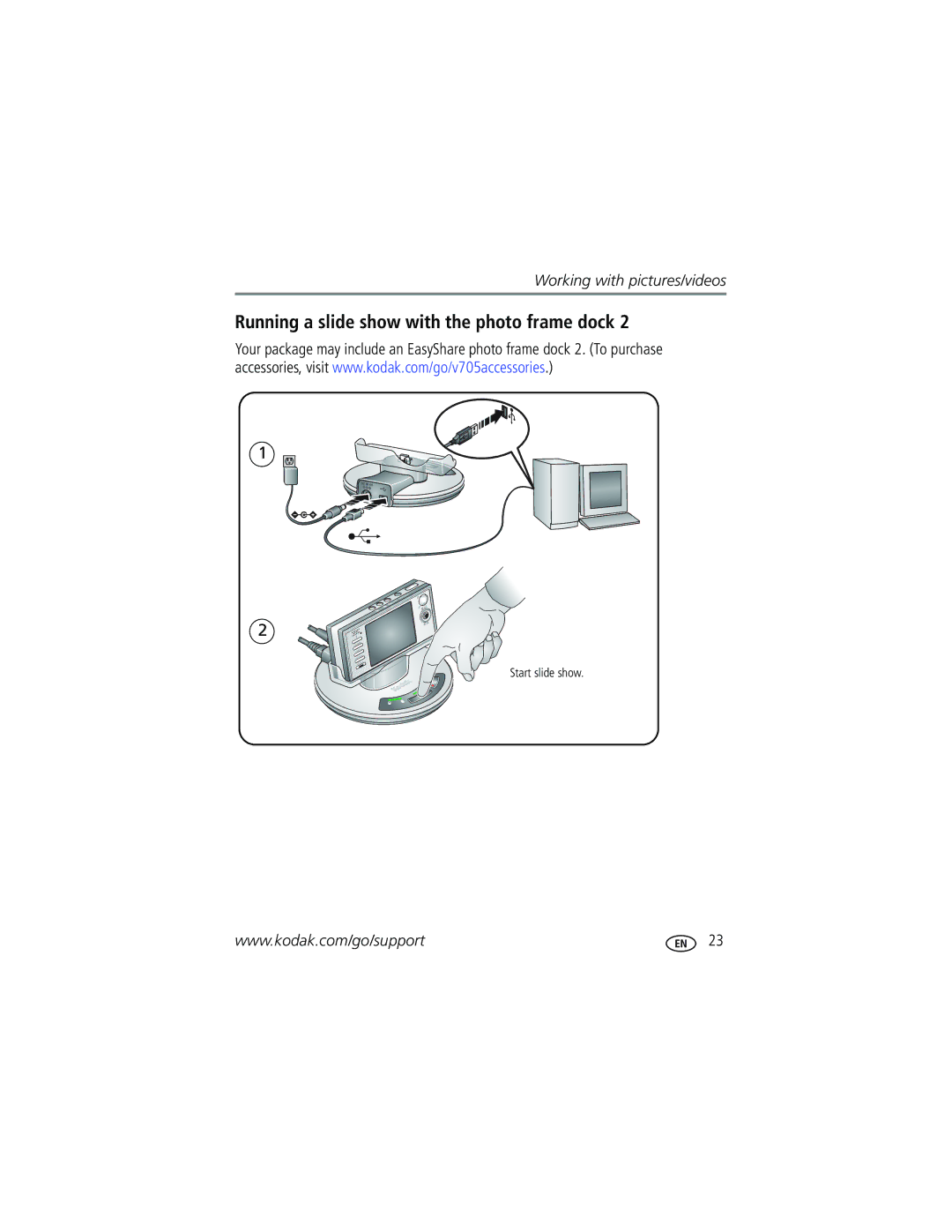 Kodak V705 manual Running a slide show with the photo frame dock 