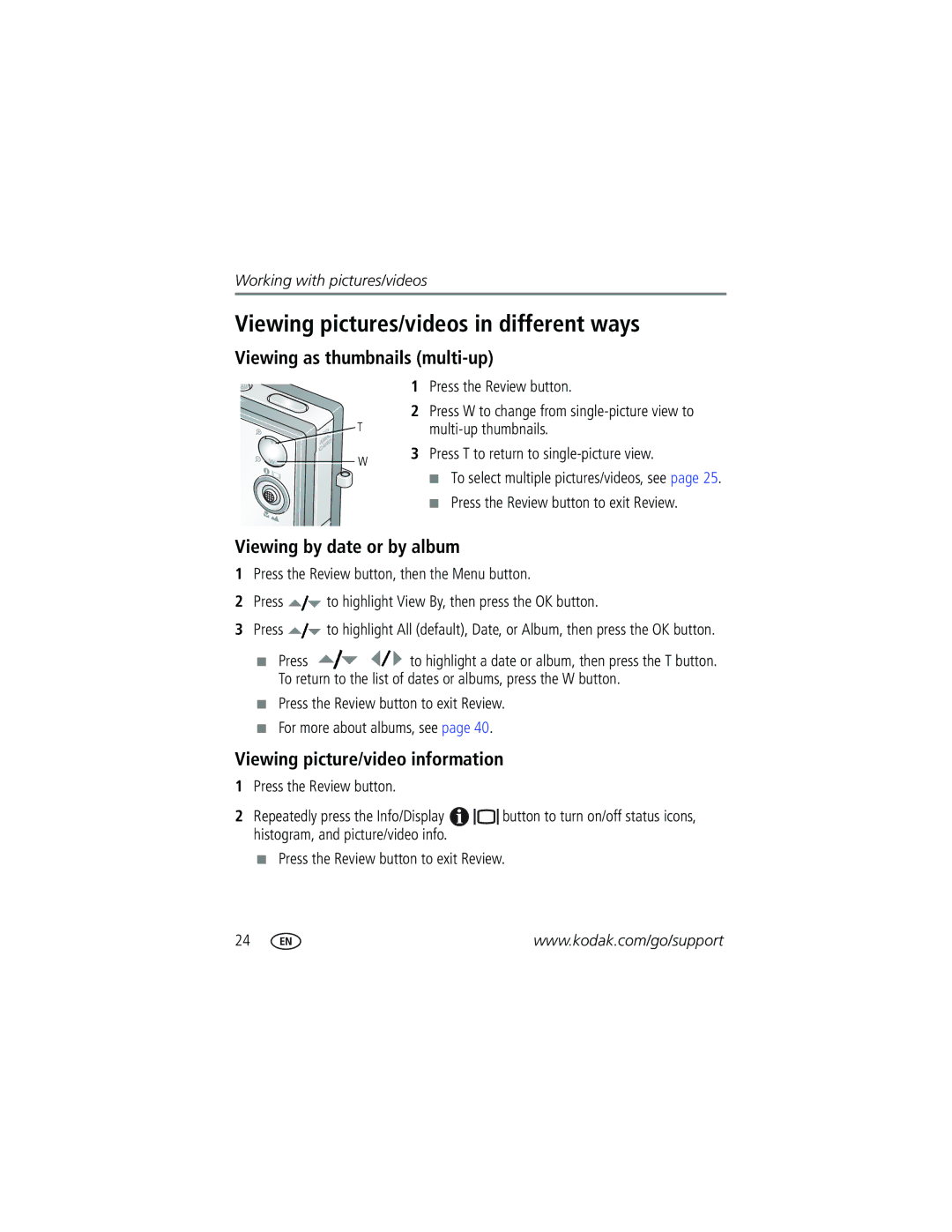 Kodak V705 manual Viewing pictures/videos in different ways, Viewing as thumbnails multi-up, Viewing by date or by album 