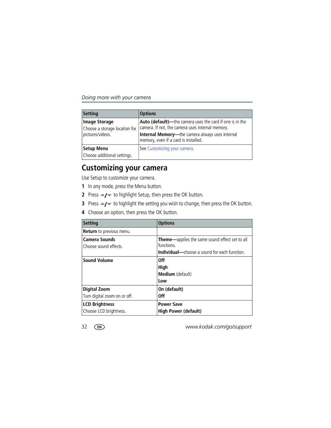 Kodak V705 manual Customizing your camera, Setting Options Image Storage, Setup Menu, Choose sound effects Functions 