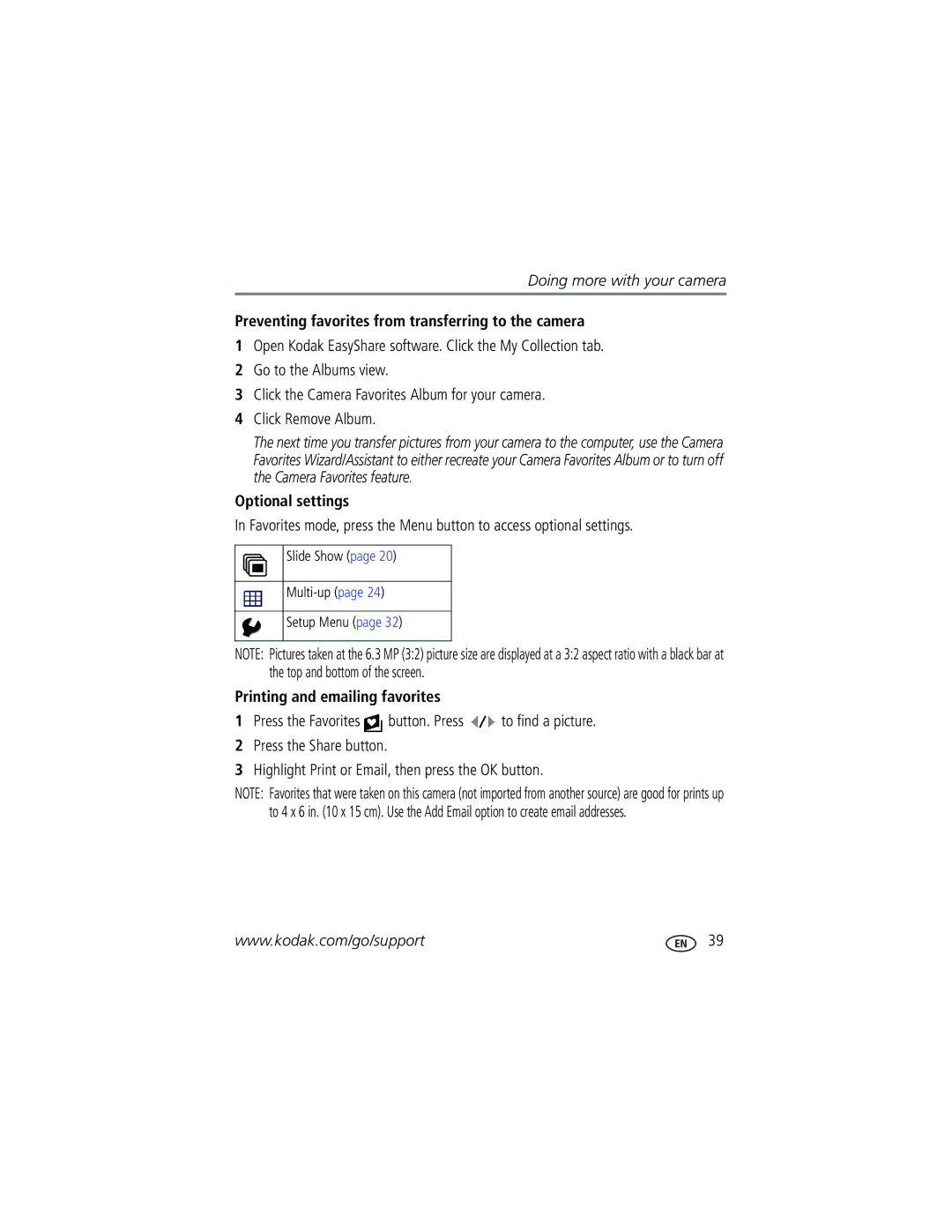 Kodak V705 manual Preventing favorites from transferring to the camera, Optional settings, Printing and emailing favorites 