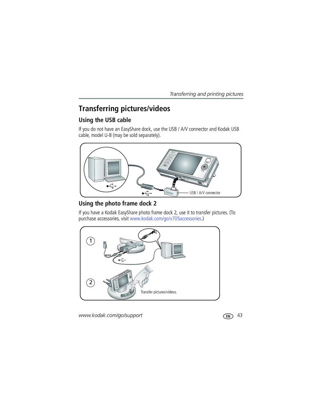 Kodak V705 manual Transferring pictures/videos, Using the USB cable, Using the photo frame dock 